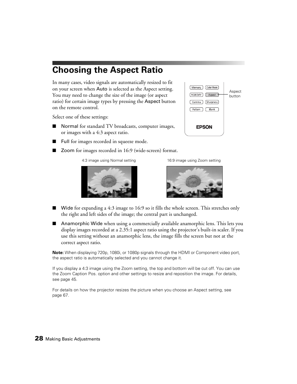 Choosing the aspect ratio | Seiko Group POWERLITE 7500 UB User Manual | Page 28 / 80