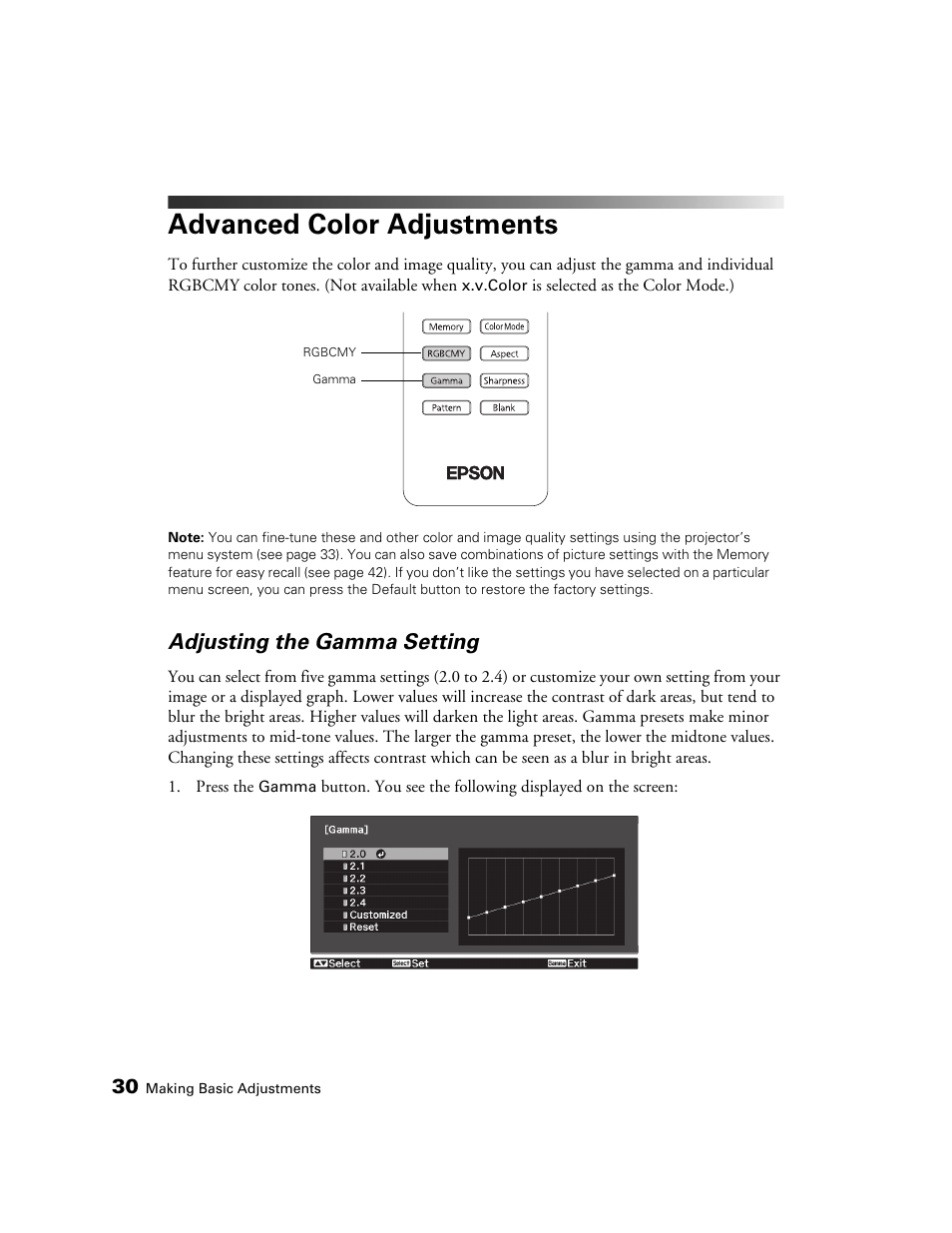 Advanced color adjustments, Adjusting the gamma setting | Seiko Group POWERLITE 7500 UB User Manual | Page 30 / 80