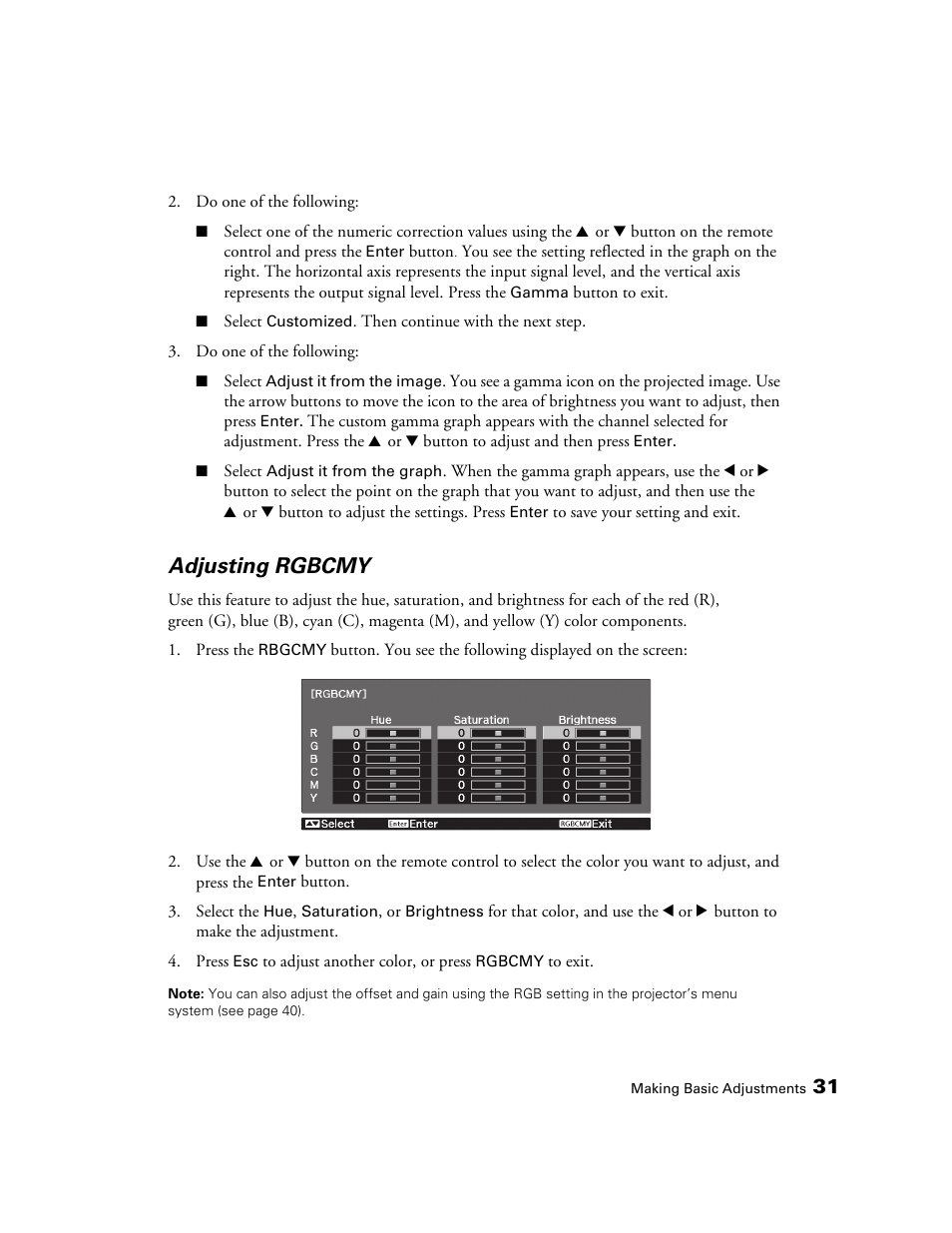 Adjusting rgbcmy | Seiko Group POWERLITE 7500 UB User Manual | Page 31 / 80