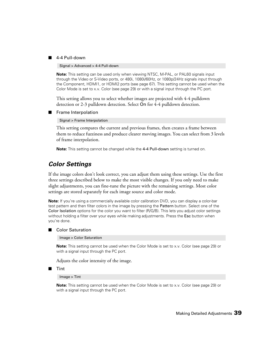 Color settings | Seiko Group POWERLITE 7500 UB User Manual | Page 39 / 80