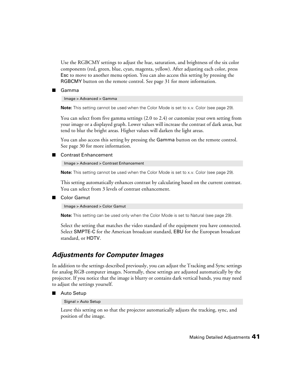 Adjustments for computer images | Seiko Group POWERLITE 7500 UB User Manual | Page 41 / 80