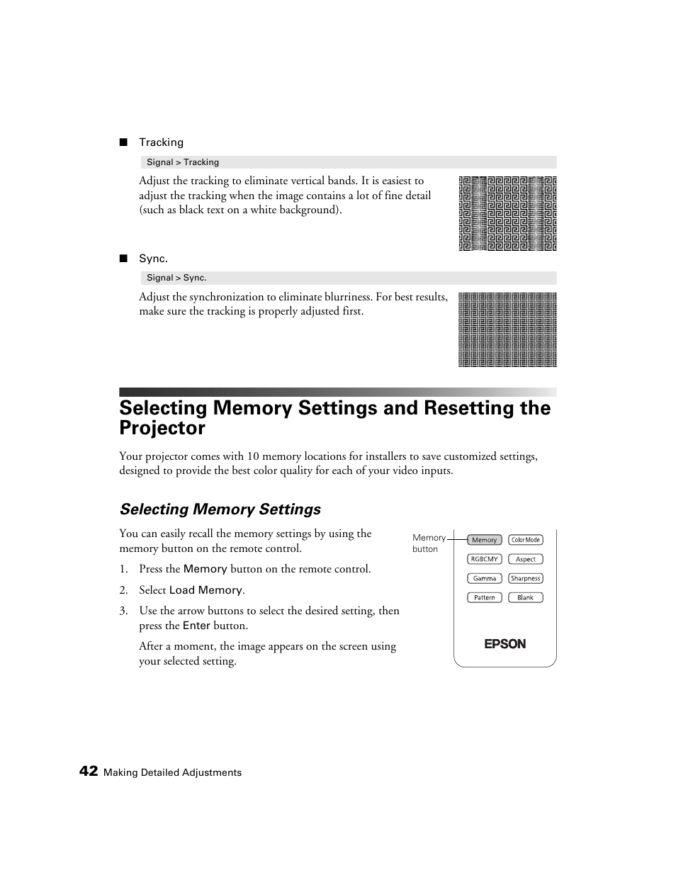 Selecting memory settings | Seiko Group POWERLITE 7500 UB User Manual | Page 42 / 80