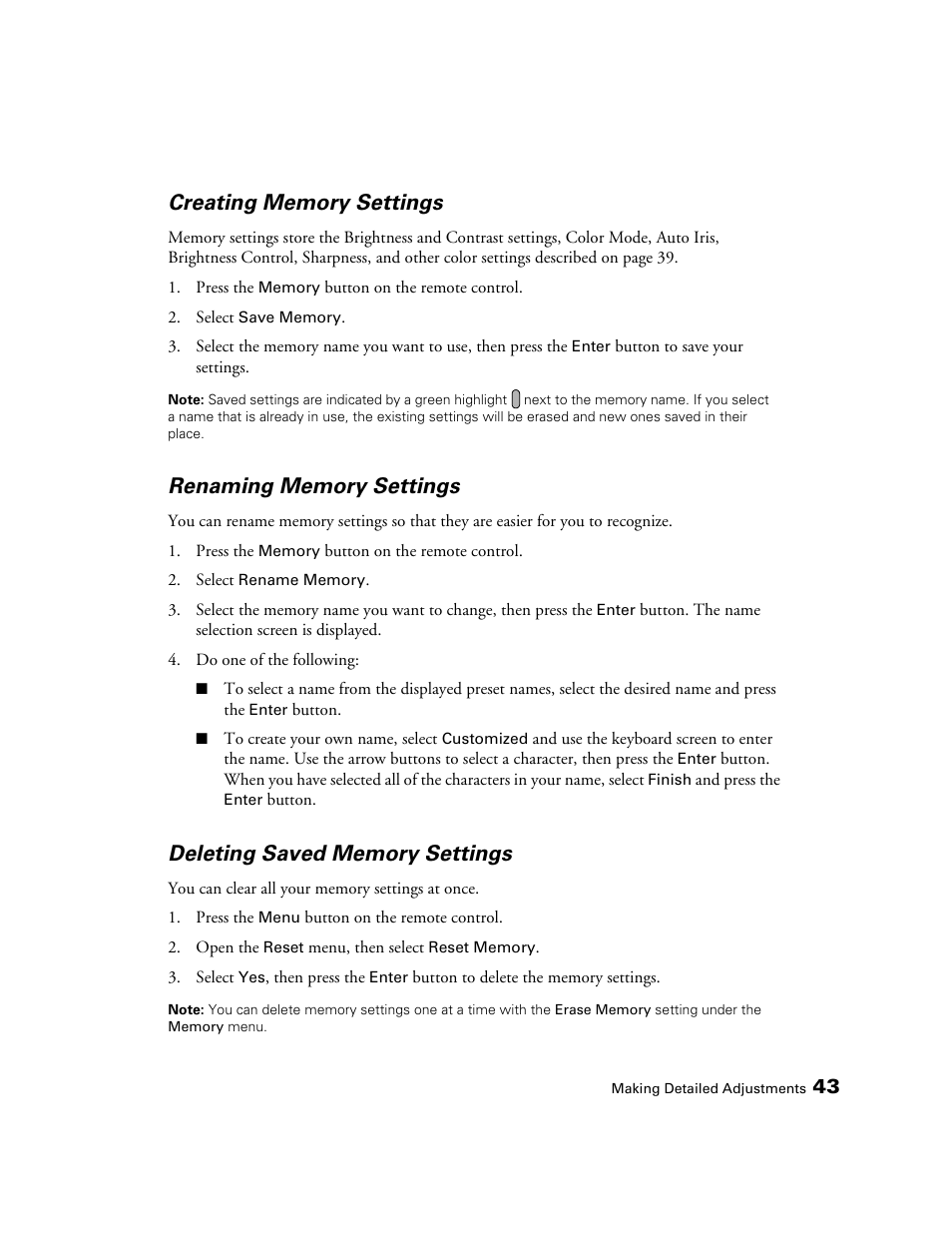 Creating memory settings, Renaming memory settings, Deleting saved memory settings | Seiko Group POWERLITE 7500 UB User Manual | Page 43 / 80