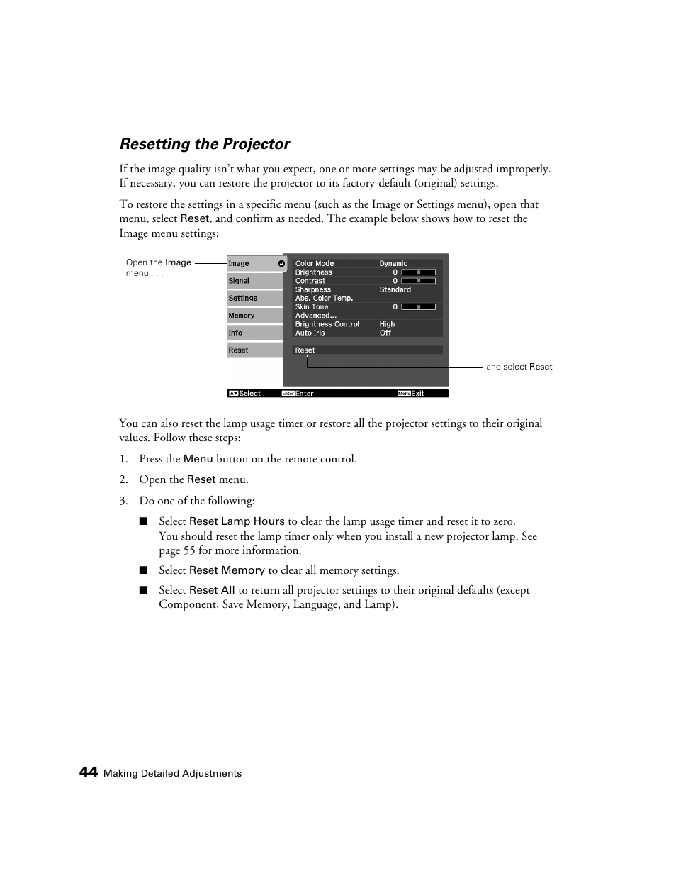 Resetting the projector | Seiko Group POWERLITE 7500 UB User Manual | Page 44 / 80