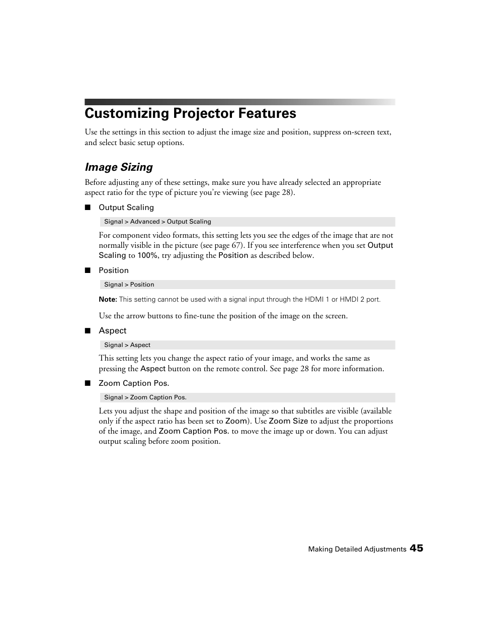 Customizing projector features, Image sizing | Seiko Group POWERLITE 7500 UB User Manual | Page 45 / 80