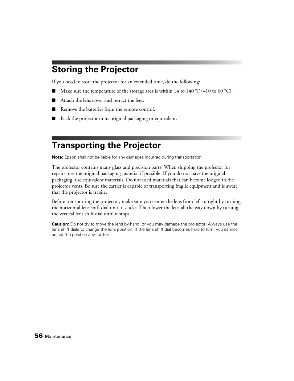 Storing the projector, Transporting the projector | Seiko Group POWERLITE 7500 UB User Manual | Page 56 / 80