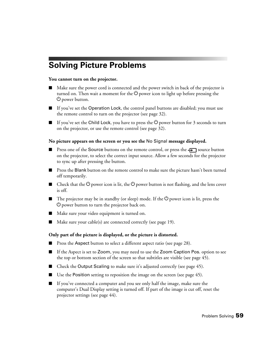 Solving picture problems | Seiko Group POWERLITE 7500 UB User Manual | Page 59 / 80