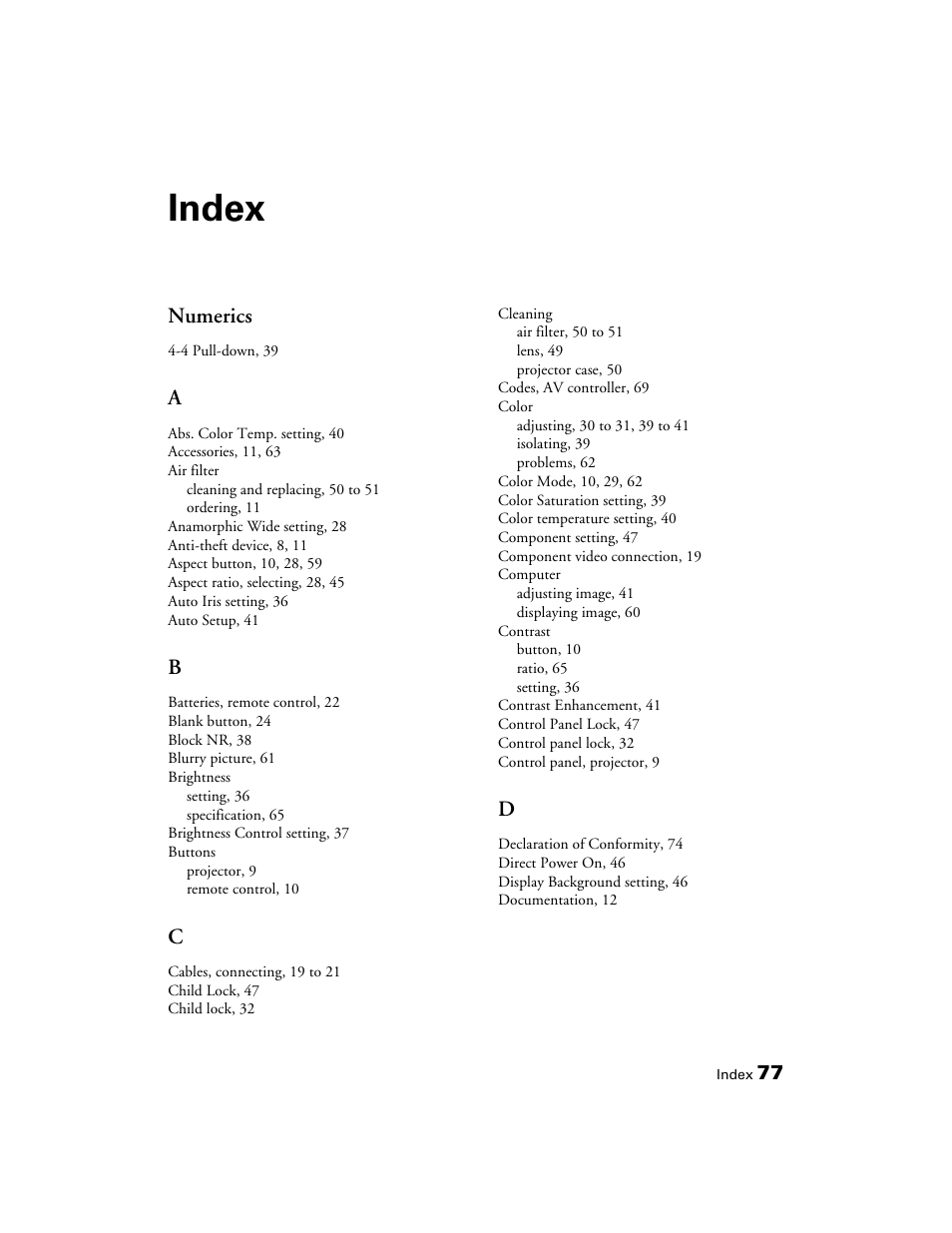 Index, Numerics | Seiko Group POWERLITE 7500 UB User Manual | Page 77 / 80