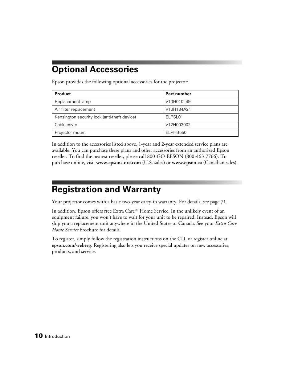 Optional accessories, Registration and warranty | Seiko Group POWERLITE 8345 User Manual | Page 10 / 76