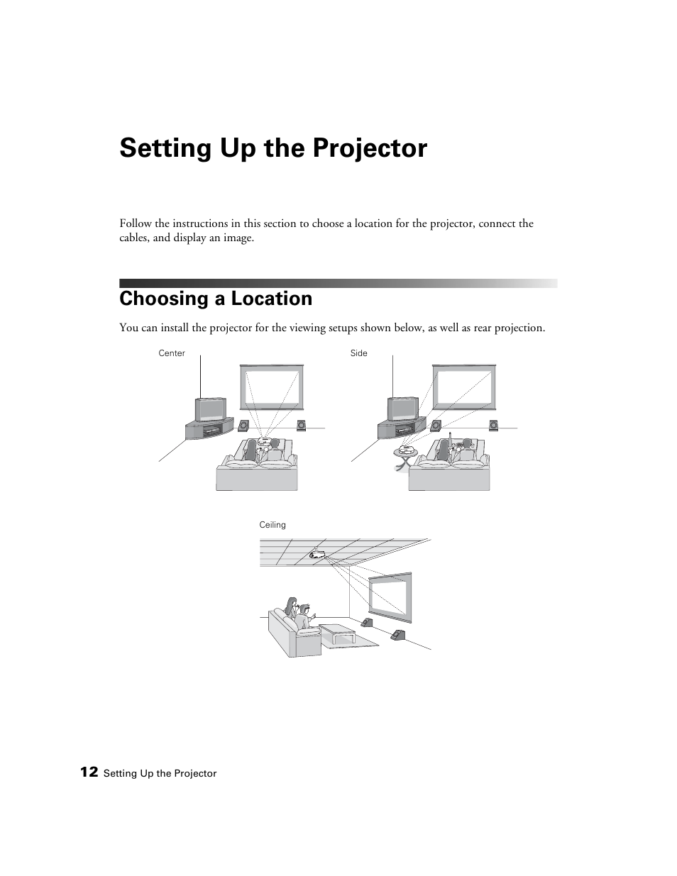 Setting up the projector, Choosing a location | Seiko Group POWERLITE 8345 User Manual | Page 12 / 76