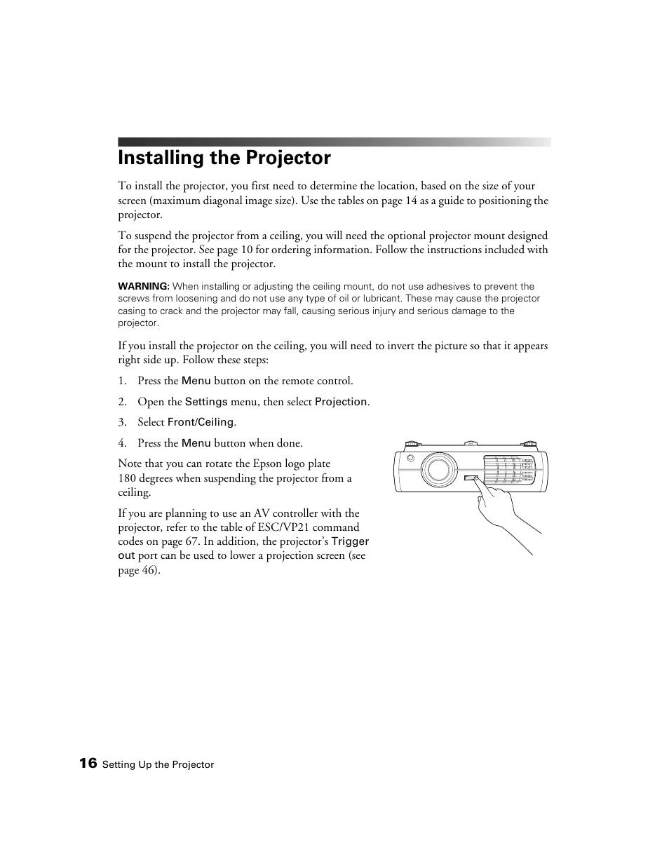 Installing the projector | Seiko Group POWERLITE 8345 User Manual | Page 16 / 76