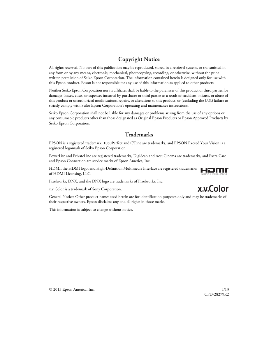 Copyright notice, Trademarks, 2copyright notice | Seiko Group POWERLITE 8345 User Manual | Page 2 / 76