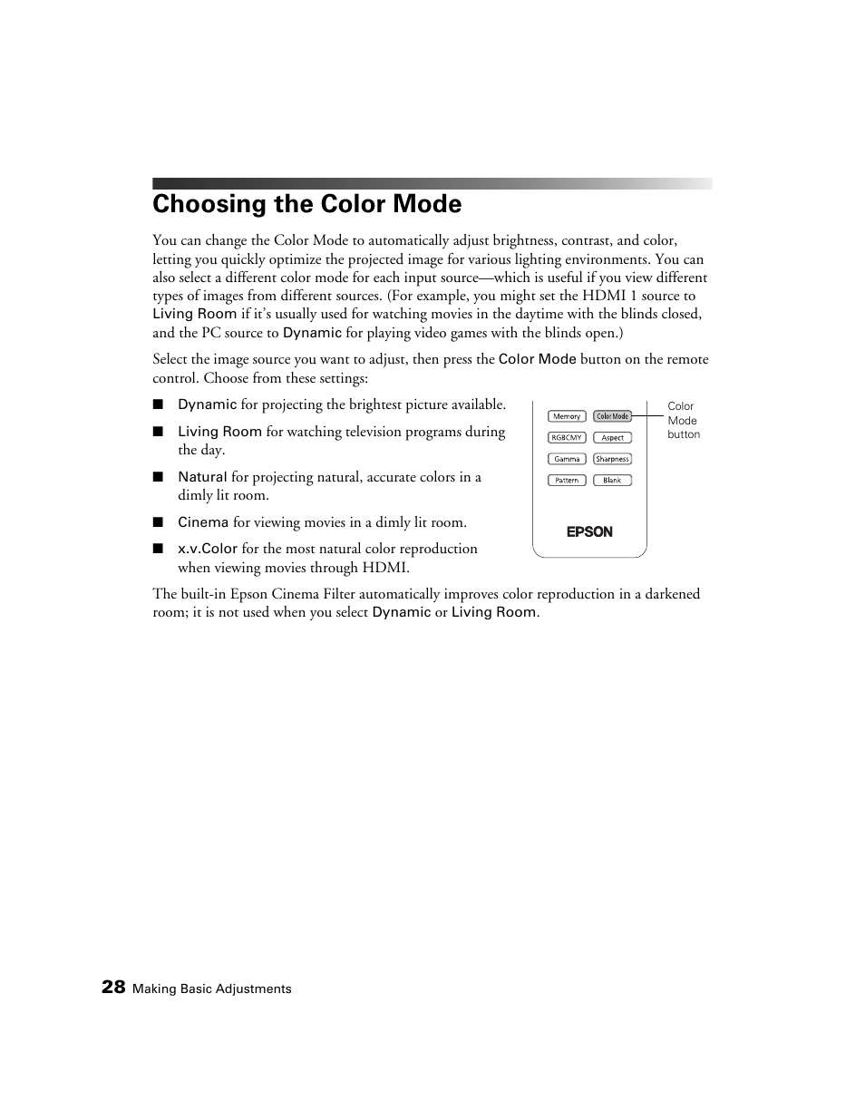 Choosing the color mode | Seiko Group POWERLITE 8345 User Manual | Page 28 / 76