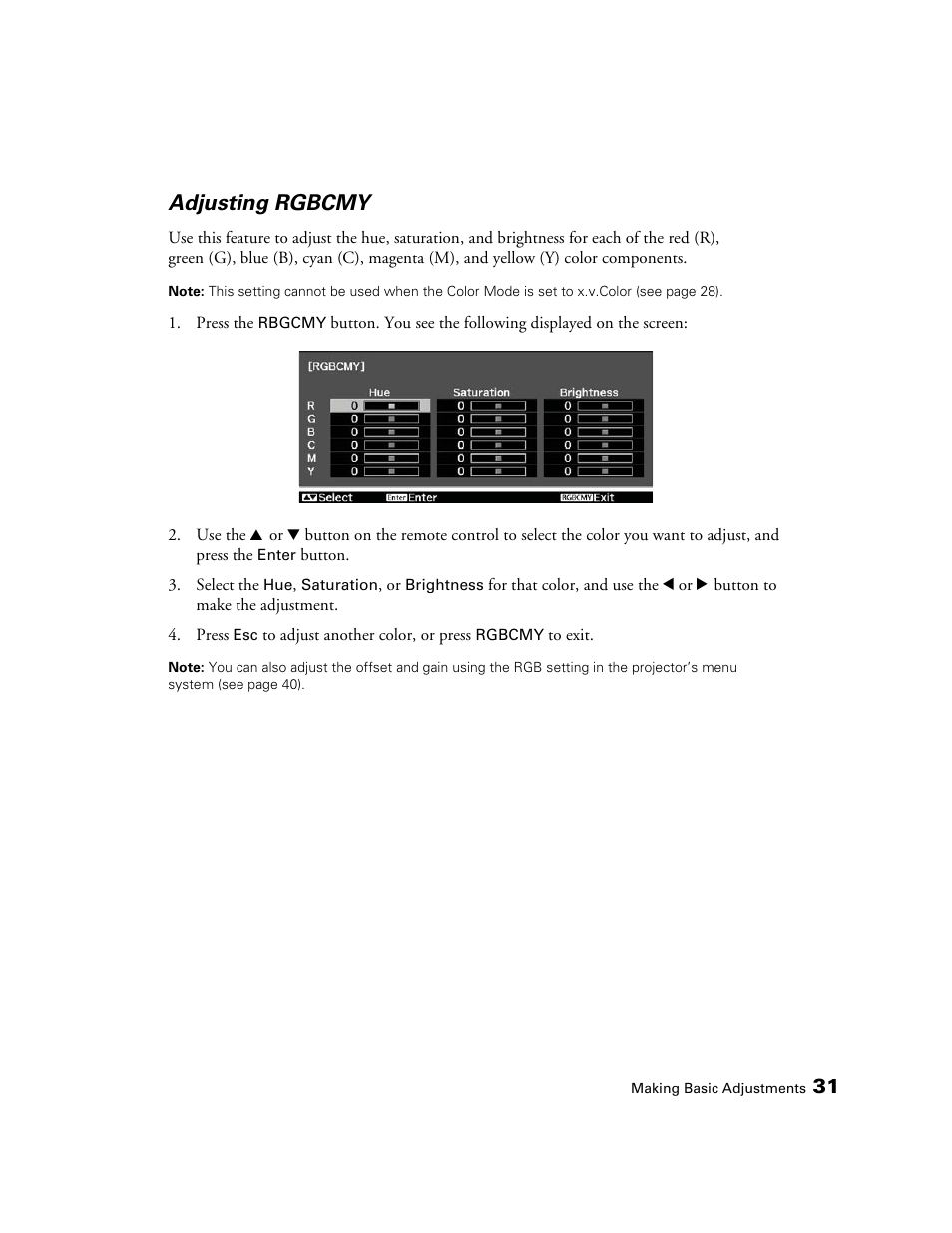 Adjusting rgbcmy | Seiko Group POWERLITE 8345 User Manual | Page 31 / 76