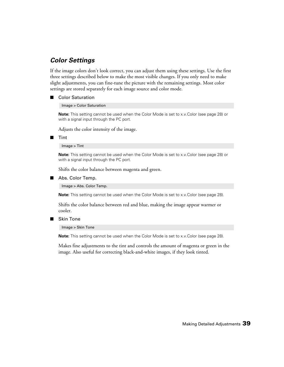 Color settings | Seiko Group POWERLITE 8345 User Manual | Page 39 / 76