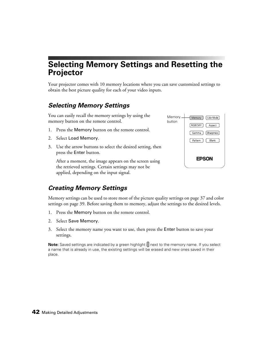 Selecting memory settings, Creating memory settings | Seiko Group POWERLITE 8345 User Manual | Page 42 / 76