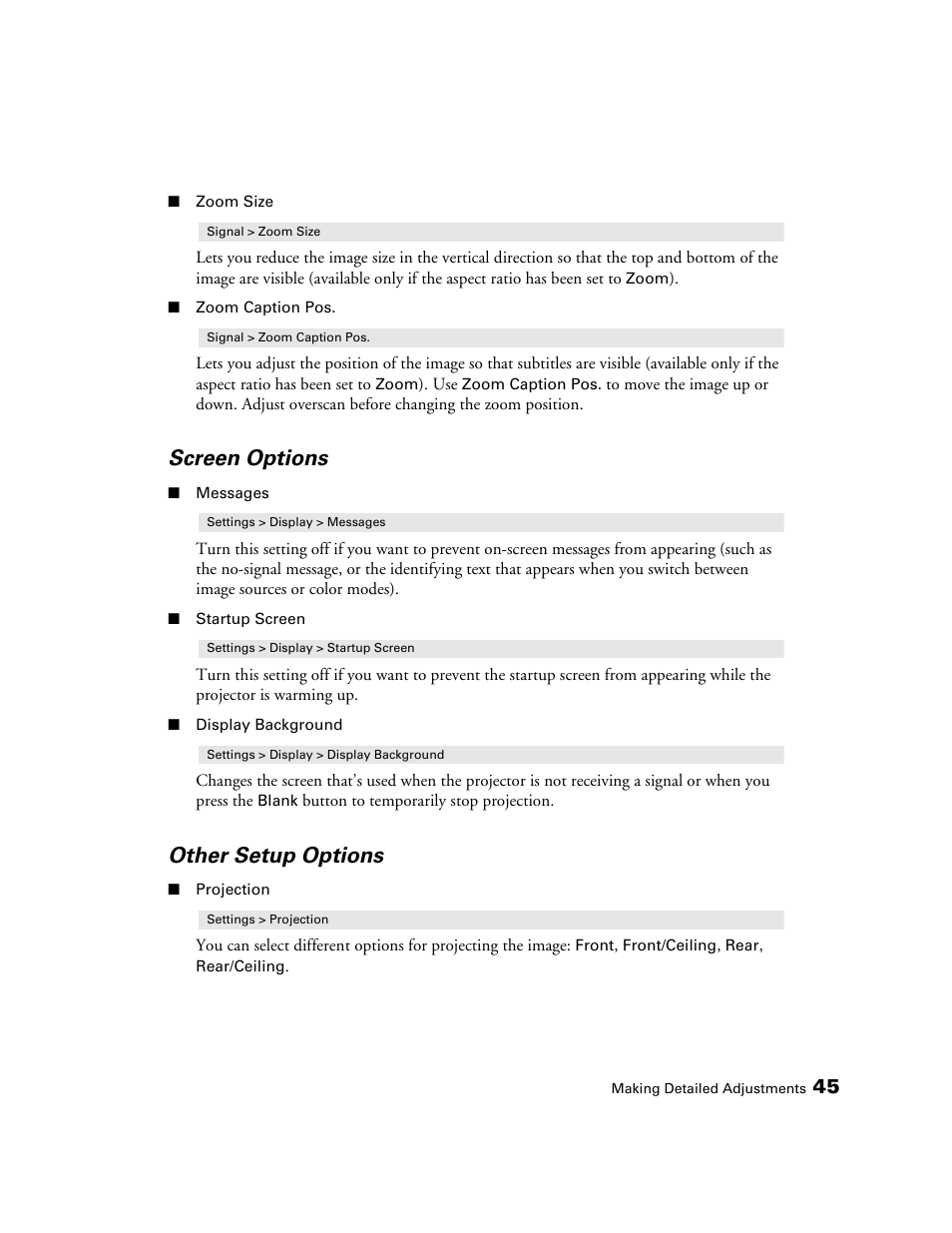 Screen options, Other setup options | Seiko Group POWERLITE 8345 User Manual | Page 45 / 76