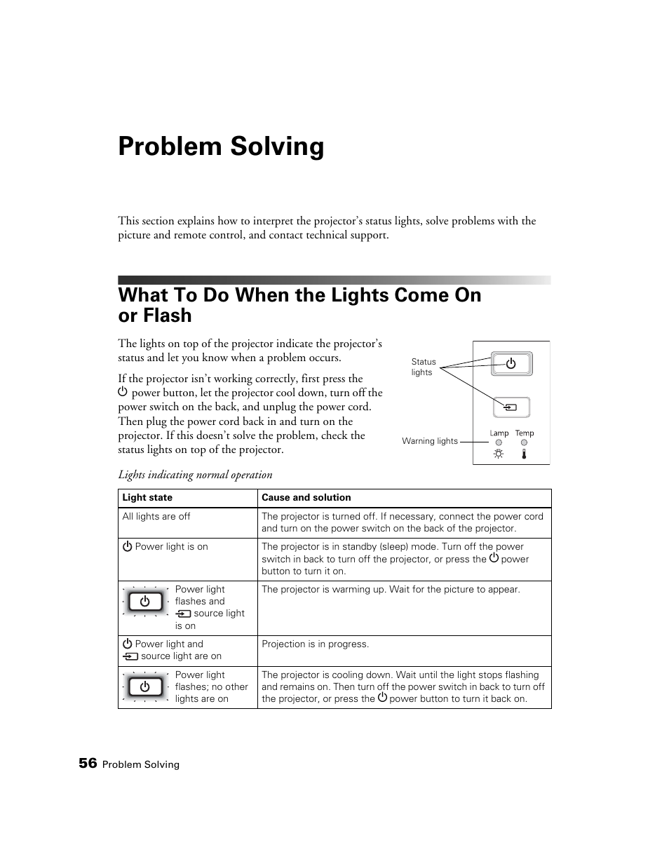 Problem solving, What to do when the lights come on or flash | Seiko Group POWERLITE 8345 User Manual | Page 56 / 76