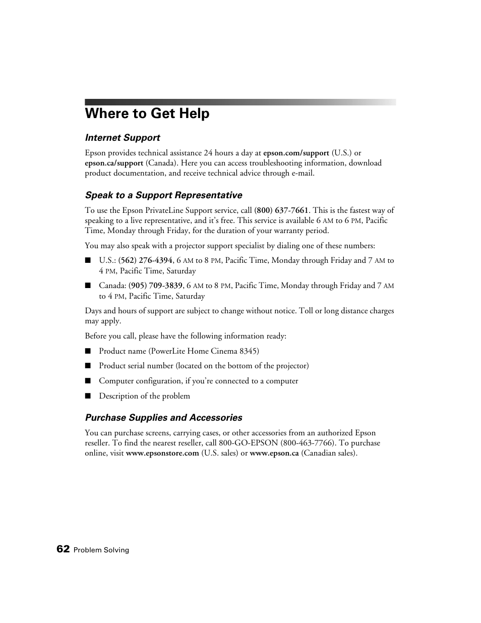 Where to get help | Seiko Group POWERLITE 8345 User Manual | Page 62 / 76