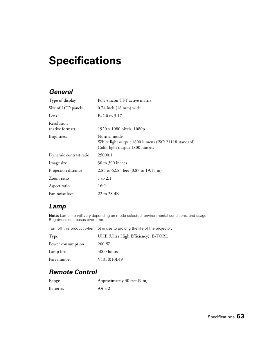 Specifications, General, Lamp | Remote control | Seiko Group POWERLITE 8345 User Manual | Page 63 / 76