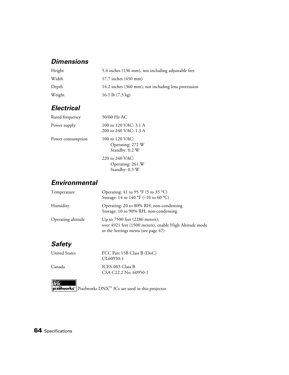Dimensions, Electrical, Environmental | Safety | Seiko Group POWERLITE 8345 User Manual | Page 64 / 76