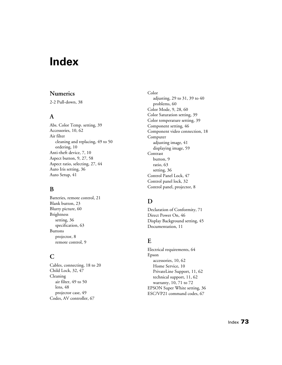 Index, Numerics | Seiko Group POWERLITE 8345 User Manual | Page 73 / 76