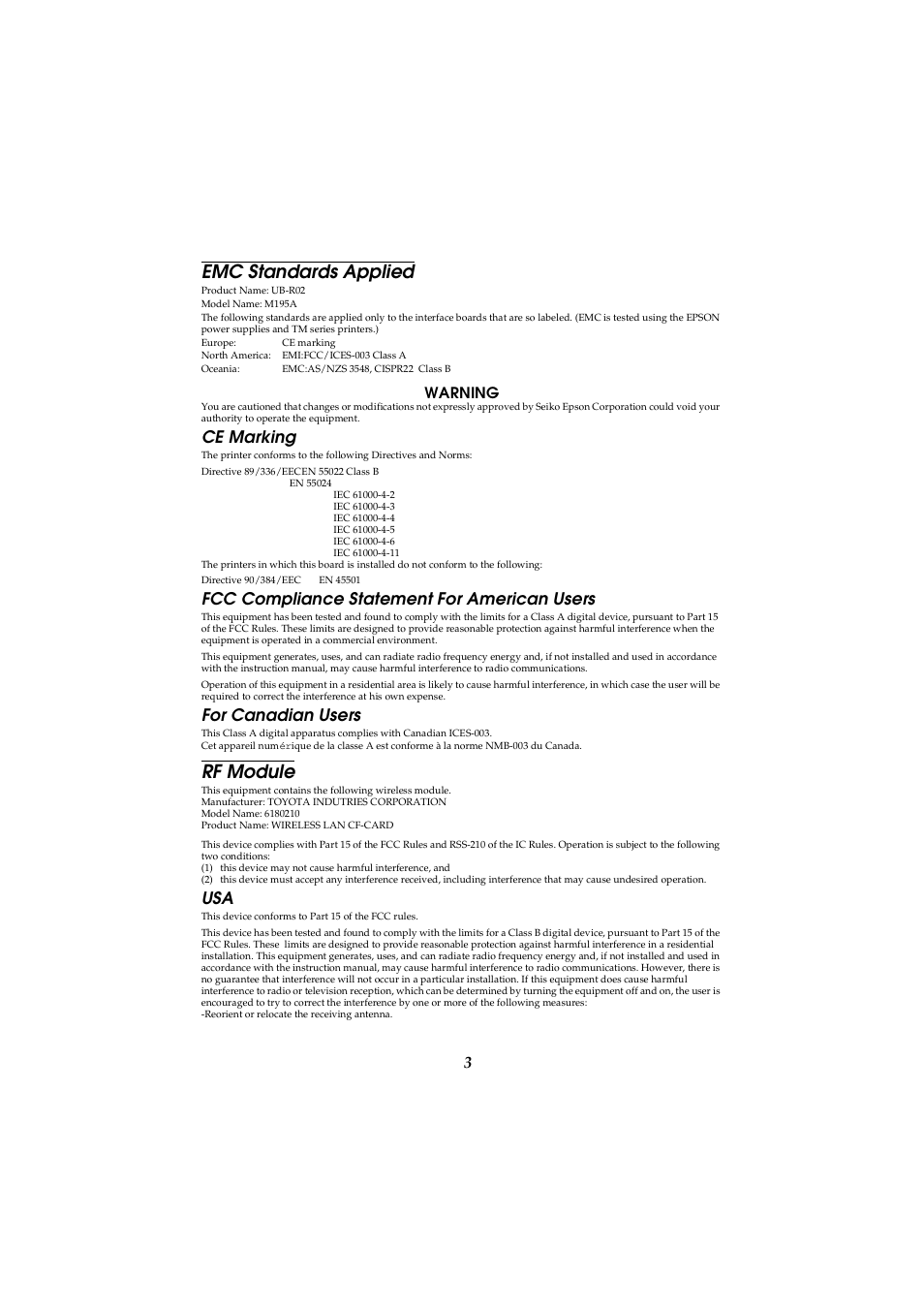 Emc standards applied, Rf module, Ce marking | Fcc compliance statement for american users, For canadian users, Warning | Seiko Group UB-R02 User Manual | Page 3 / 4