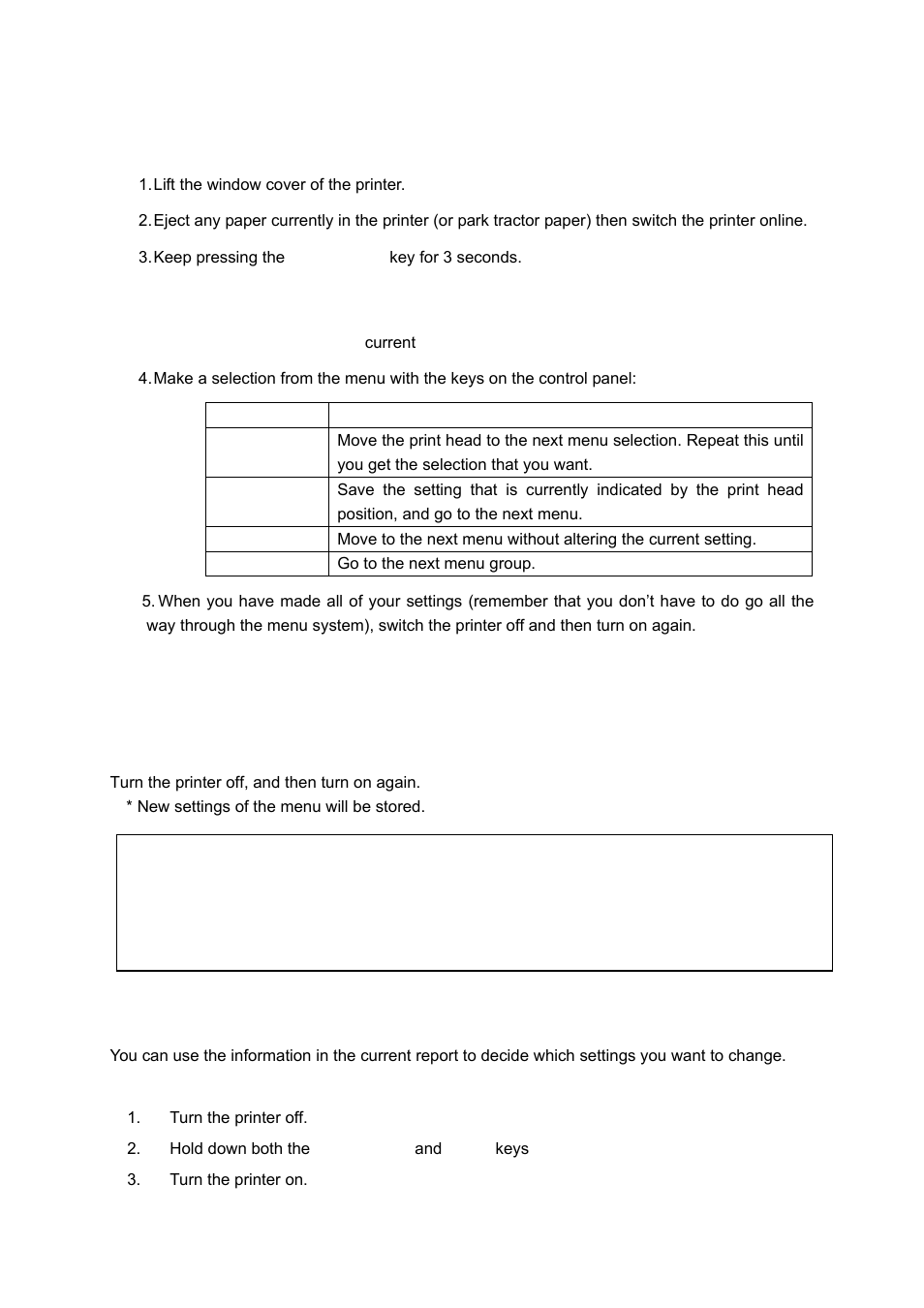 To exit the setup menu system, Printing the current setting repor, Printing the current setting report | Seiko Group PRECISION FB 380 User Manual | Page 23 / 50
