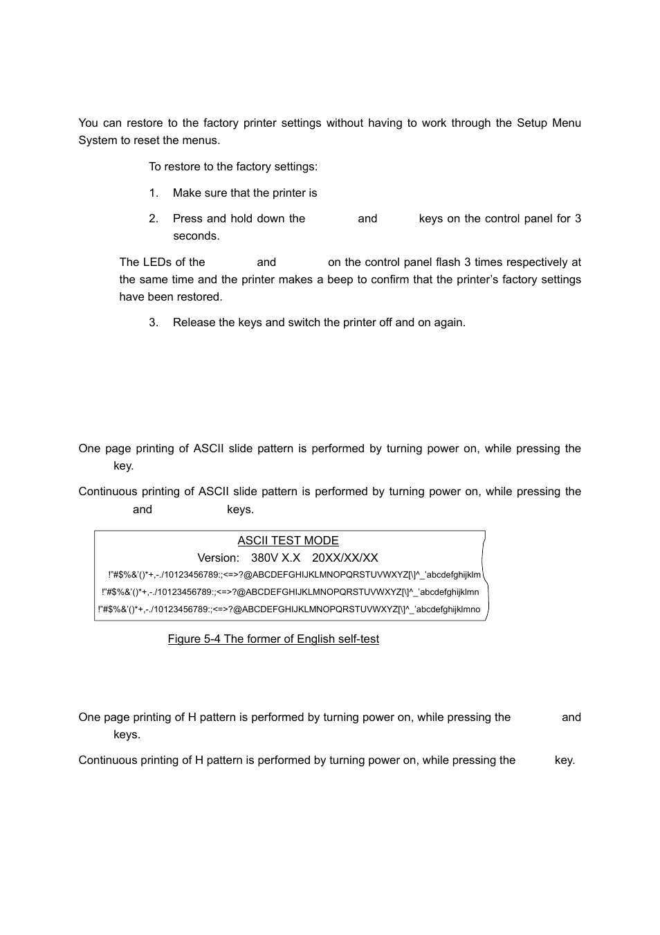 Restoring factory printer settings, Using the self test functions, Slide pattem printing test | Maintenance printing test（h pattem, Slide pattern printing test, Maintenance printing test (h pattern) | Seiko Group PRECISION FB 380 User Manual | Page 28 / 50