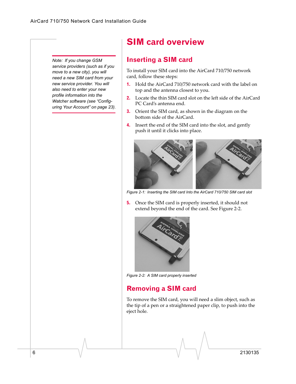 Sim card overview, Inserting a sim card, Removing a sim card | Sierra Wireless AirCard 710 User Manual | Page 14 / 54