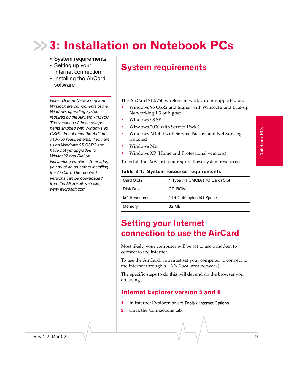 Installation on notebook pcs, System requirements, Internet explorer version 5 and 6 | Sierra Wireless AirCard 710 User Manual | Page 17 / 54