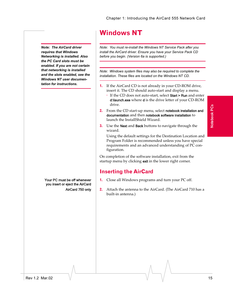 Windows nt, Inserting the aircard | Sierra Wireless AirCard 710 User Manual | Page 23 / 54