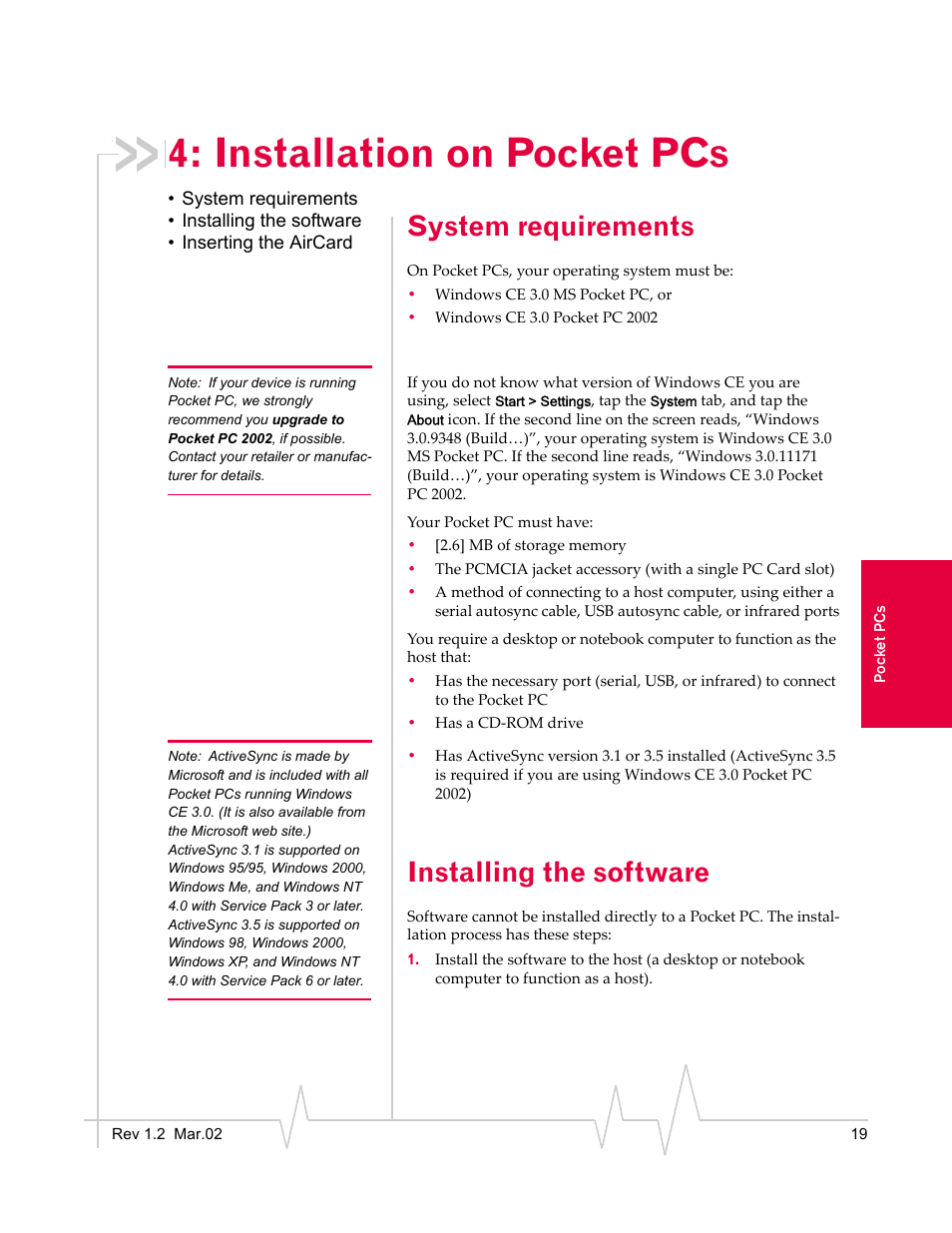 Installation on pocket pcs, System requirements, Installing the software | Sierra Wireless AirCard 710 User Manual | Page 27 / 54