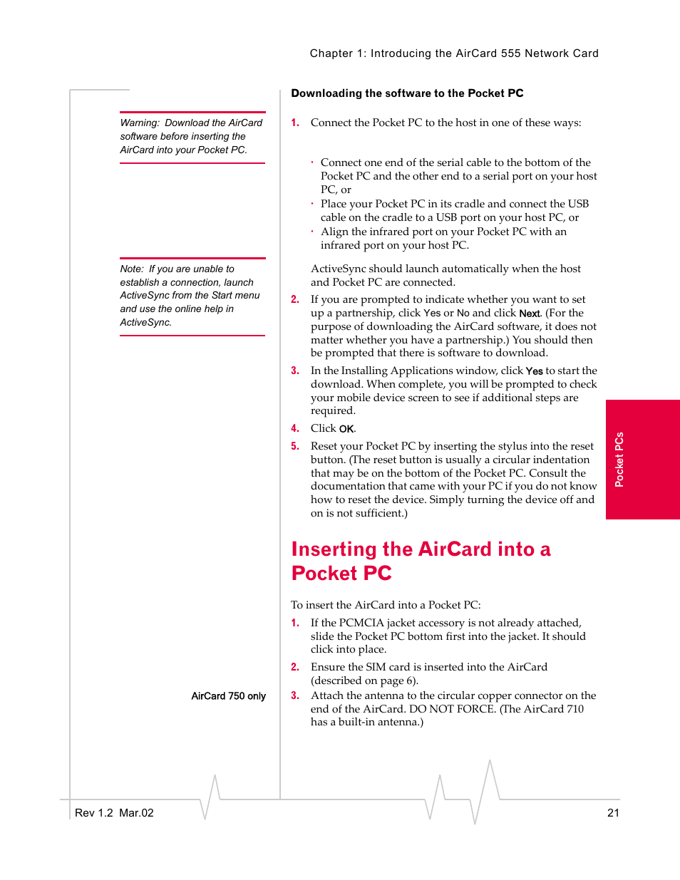 Downloading the software to the pocket pc, Inserting the aircard into a pocket pc | Sierra Wireless AirCard 710 User Manual | Page 29 / 54