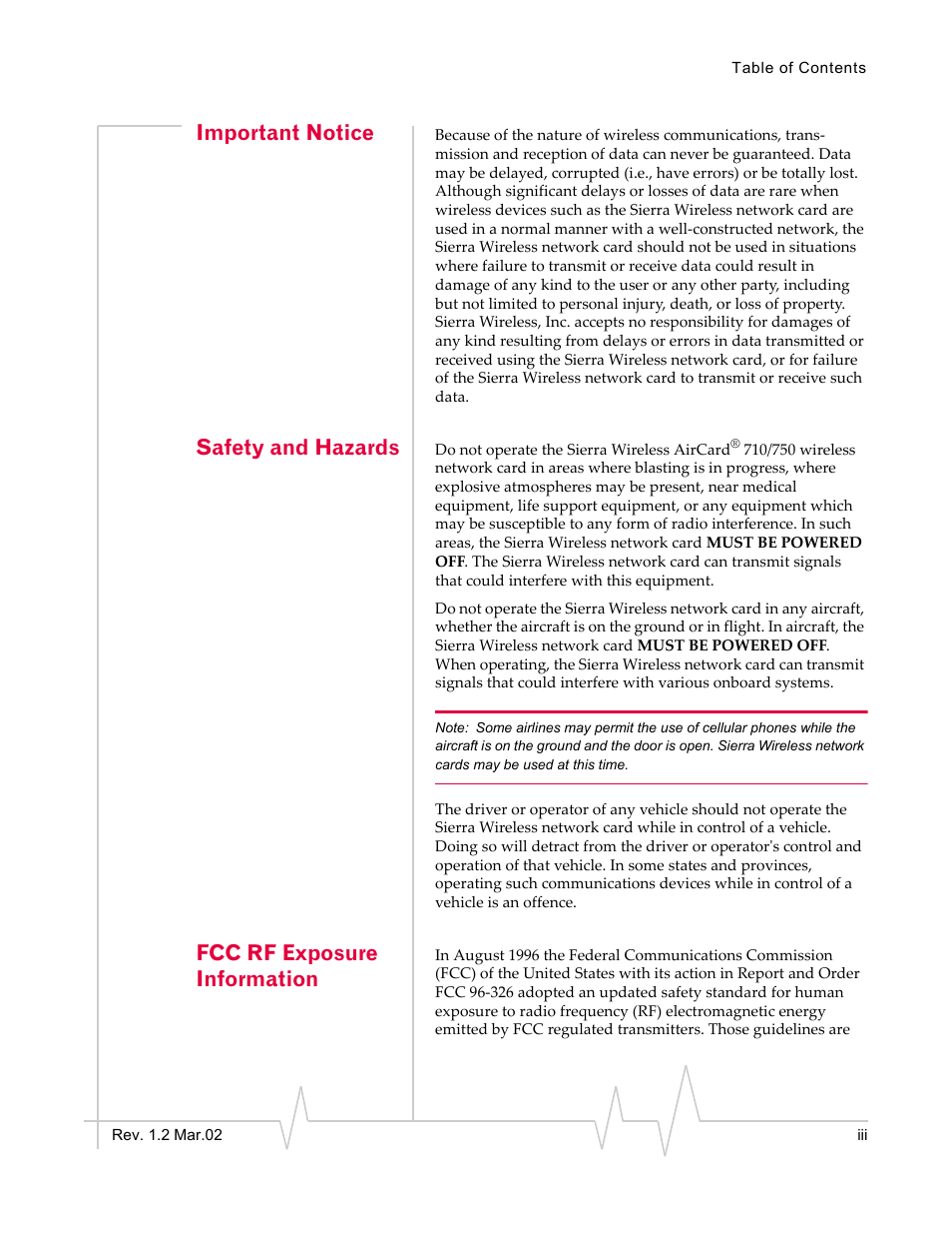 Important notice, Safety and hazards, Fcc rf exposure information | Sierra Wireless AirCard 710 User Manual | Page 3 / 54