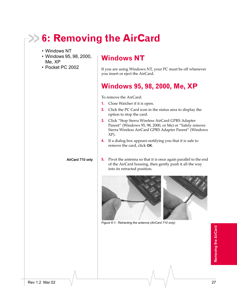 Removing the aircard, Windows nt, Windows 95, 98, 2000, me, xp | Sierra Wireless AirCard 710 User Manual | Page 35 / 54