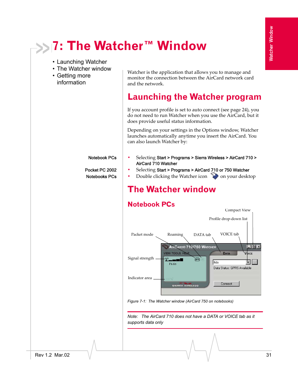 The watcher™ window, Launching the watcher program, The watcher window | Notebook pcs, Components of the watcher window (notebooks) | Sierra Wireless AirCard 710 User Manual | Page 39 / 54