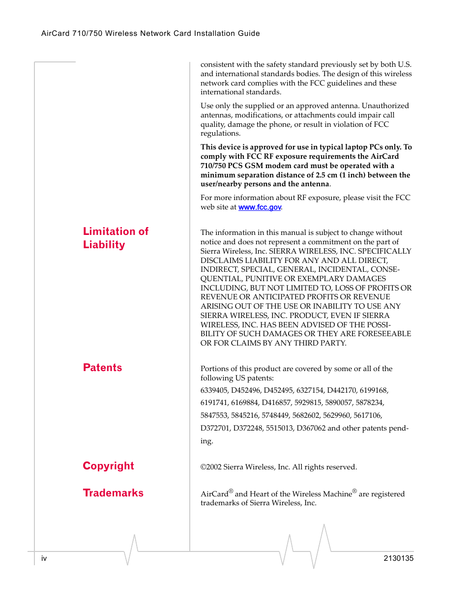 Limitation of liability, Patents, Copyright | Trademarks | Sierra Wireless AirCard 710 User Manual | Page 4 / 54