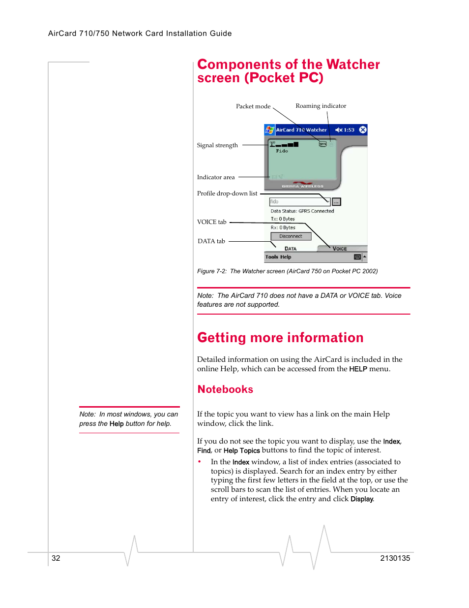 Components of the watcher screen (pocket pc), Getting more information, Notebooks | Sierra Wireless AirCard 710 User Manual | Page 40 / 54