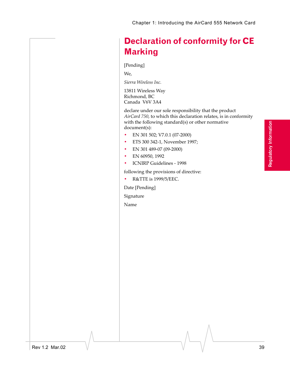 Declaration of conformity for ce marking | Sierra Wireless AirCard 710 User Manual | Page 47 / 54