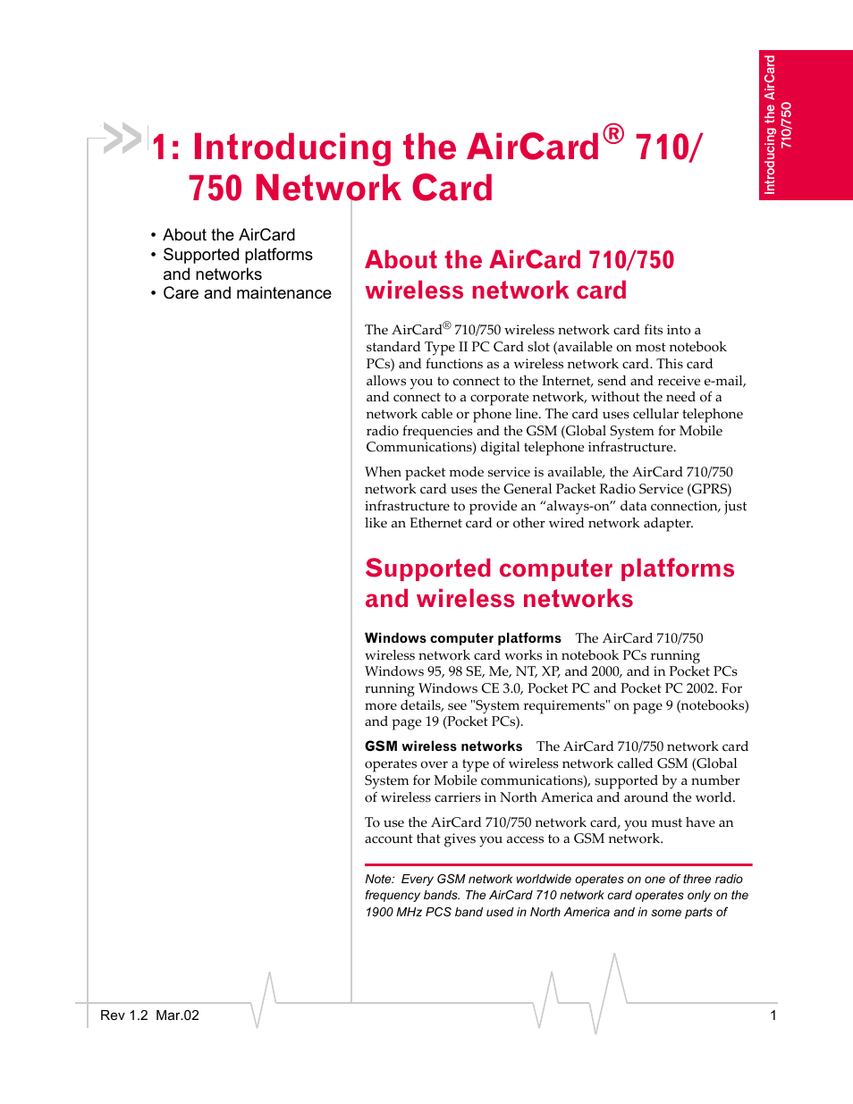 Introducing the aircard® 710/ 750 network card, About the aircard 710/750 wireless network card, Supported computer platforms and wireless networks | Introducing the aircard® 710/750 network card, Introducing the aircard | Sierra Wireless AirCard 710 User Manual | Page 9 / 54