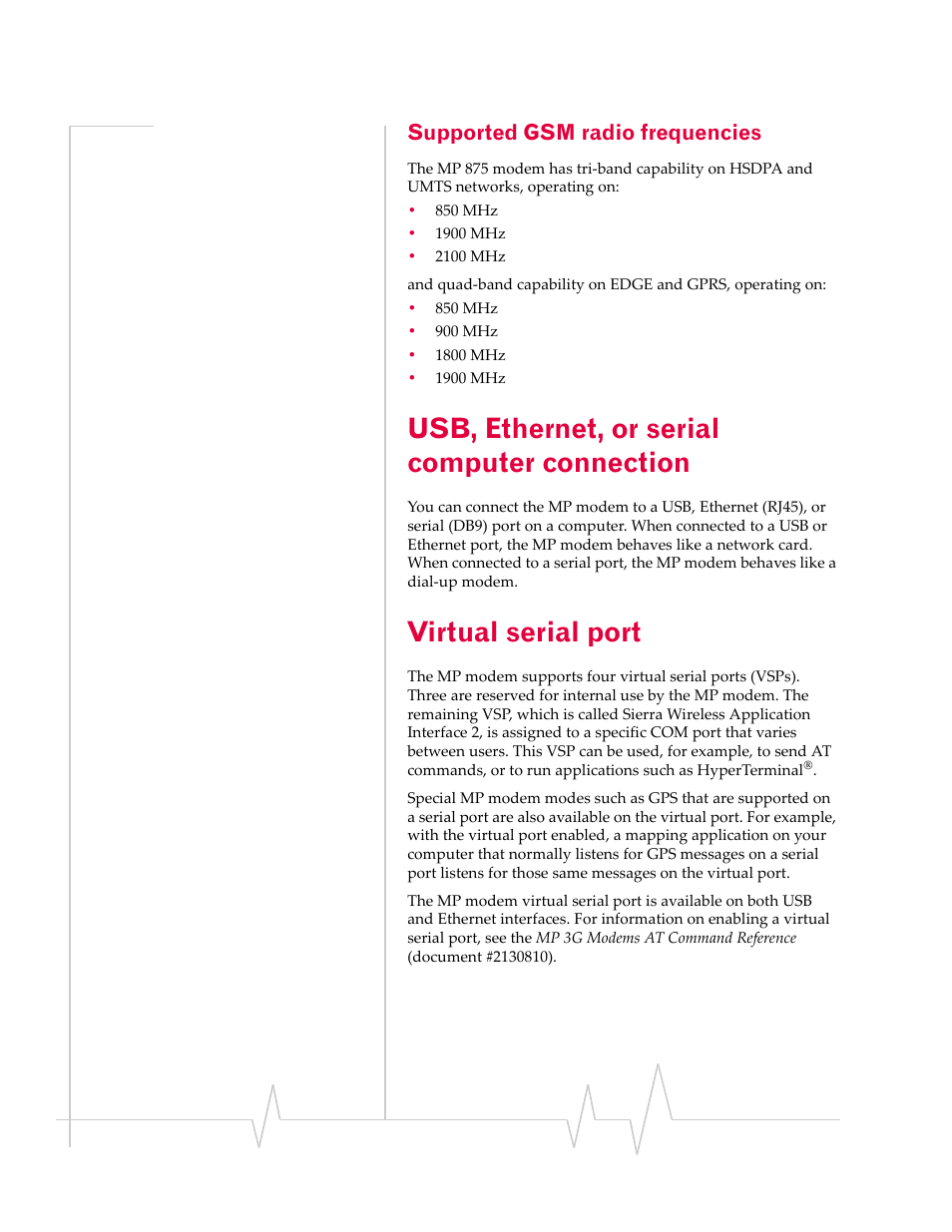 Supported gsm radio frequencies, Usb, ethernet, or serial computer connection, Virtual serial port | Usb, ethernet, or, Serial computer connection | Sierra Wireless MP 875 User Manual | Page 14 / 68