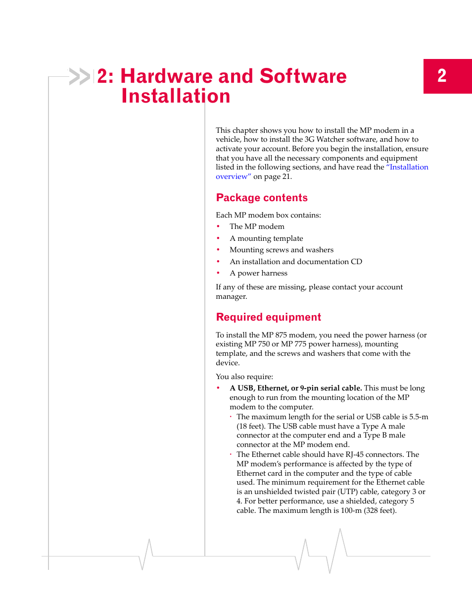 Hardware and software installation, Package contents, Required equipment | Sierra Wireless MP 875 User Manual | Page 19 / 68