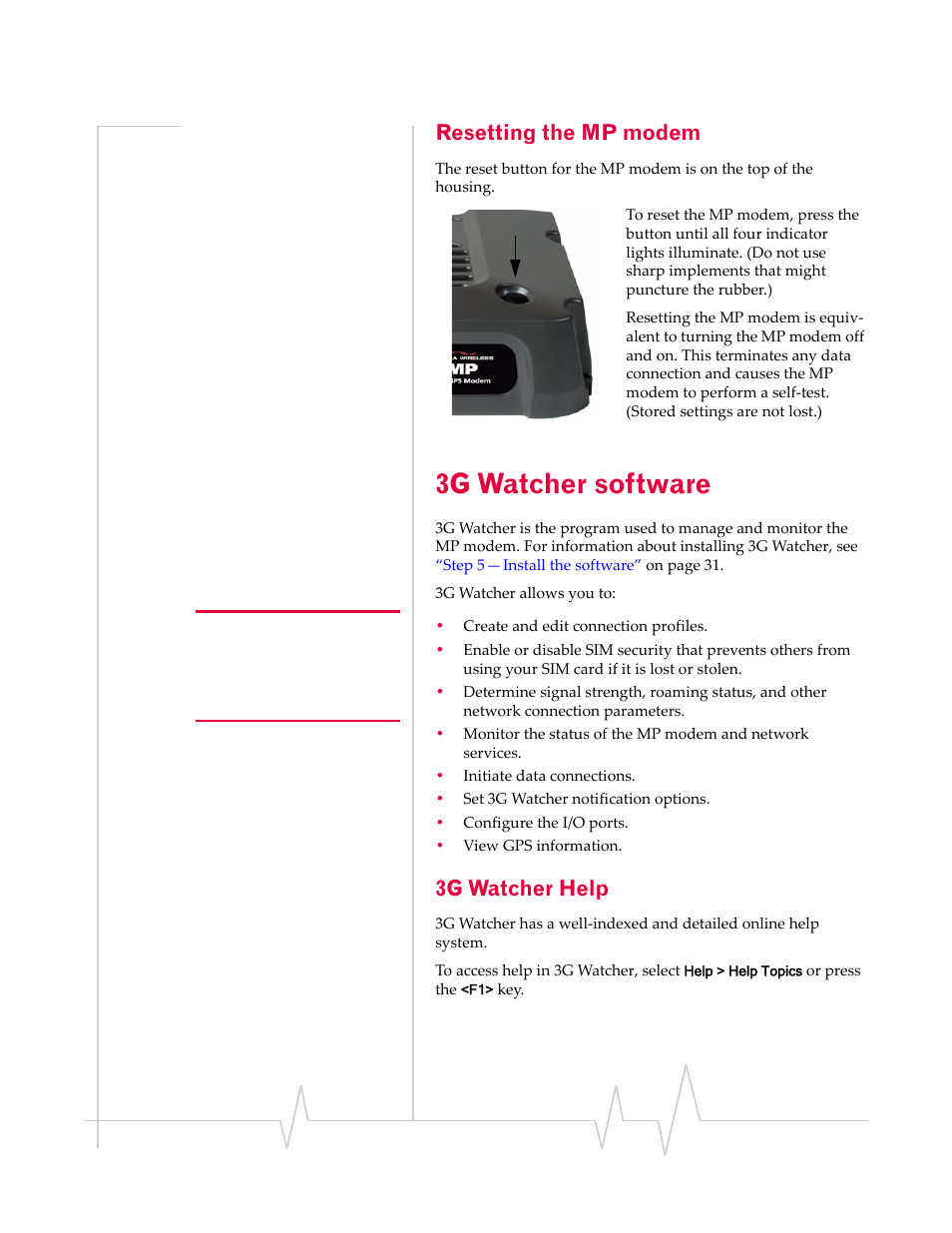 Resetting the mp modem, 3g watcher software, 3g watcher help | Sierra Wireless MP 875 User Manual | Page 39 / 68