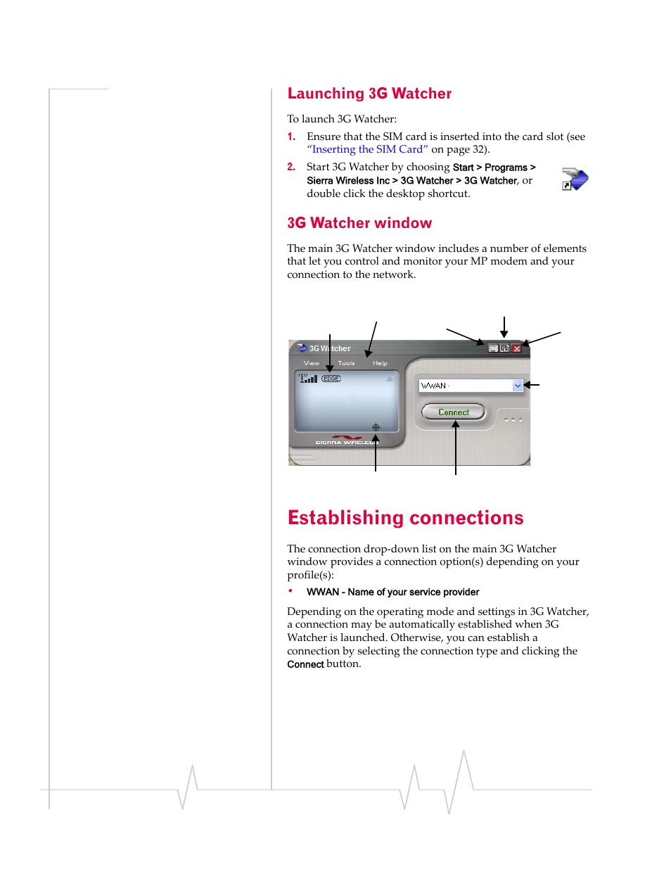 Launching 3g watcher, 3g watcher window, Establishing connections | Establishing, Connections | Sierra Wireless MP 875 User Manual | Page 40 / 68