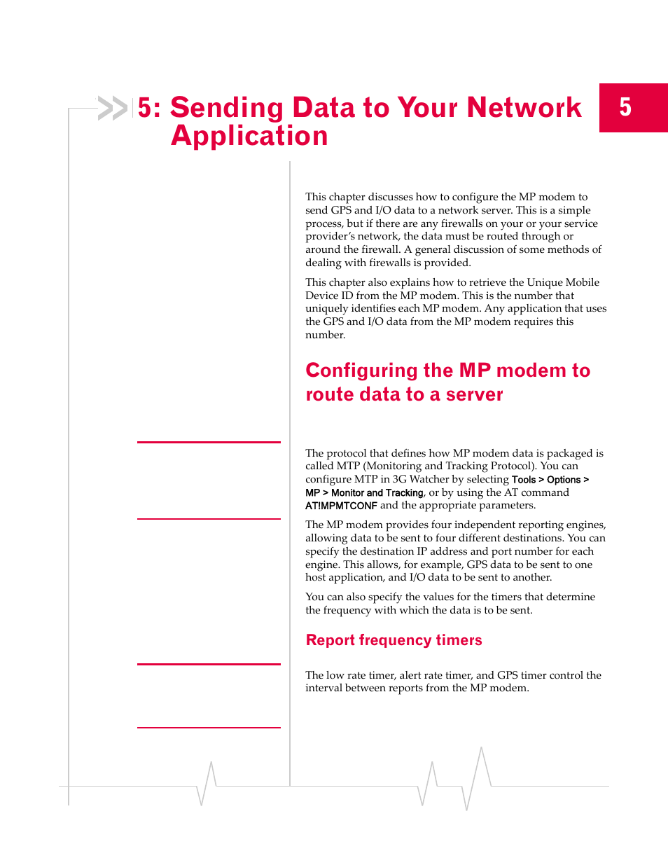 Sending data to your network application, Configuring the mp modem to route data to a server, Report frequency timers | And i/o data, Chapter 5, Descr | Sierra Wireless MP 875 User Manual | Page 51 / 68