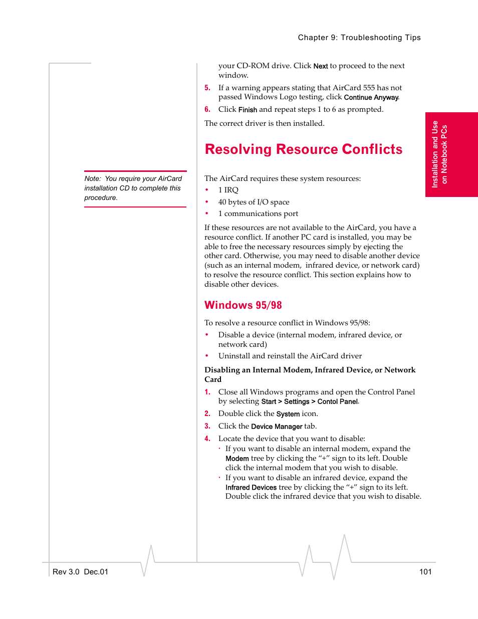 Resolving resource conflicts, Windows 95/98 | Sierra Wireless AirCard 555 User Manual | Page 101 / 192
