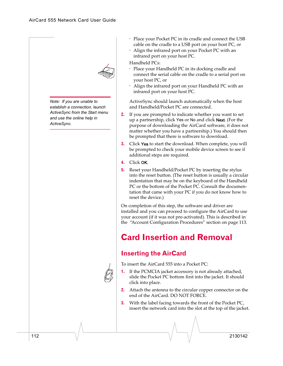 Card insertion and removal, Inserting the aircard | Sierra Wireless AirCard 555 User Manual | Page 114 / 192