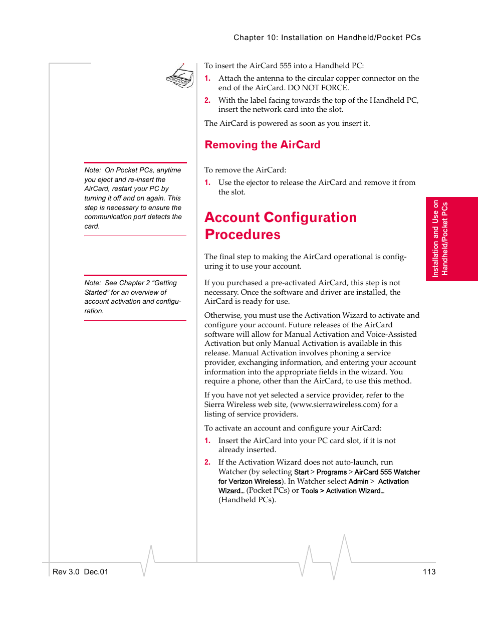 Removing the aircard, Account configuration procedures | Sierra Wireless AirCard 555 User Manual | Page 115 / 192