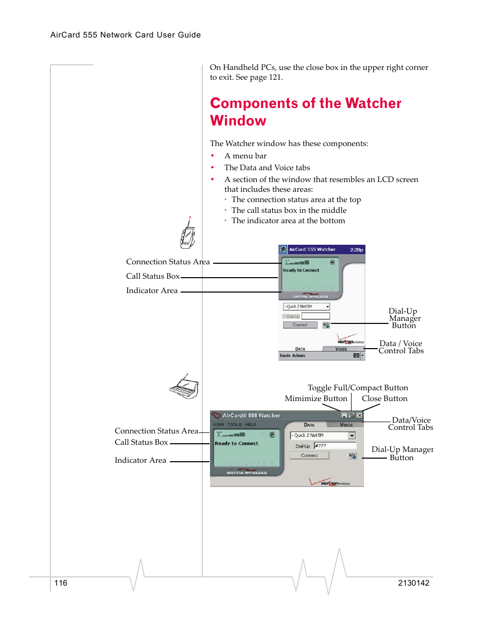 Components of the watcher window | Sierra Wireless AirCard 555 User Manual | Page 118 / 192